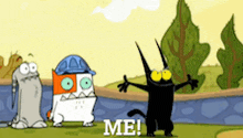 a cartoon character says " me " while standing next to another character