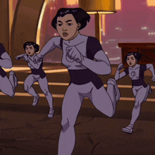 a cartoon of a woman running with the letter l on her outfit