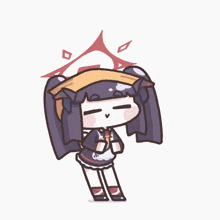 a cartoon drawing of a girl with purple hair and a red triangle on her head