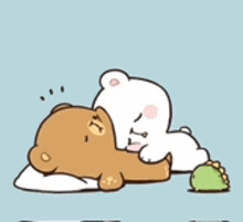 a cartoon of a brown bear and a white bear hugging each other on a blue background .