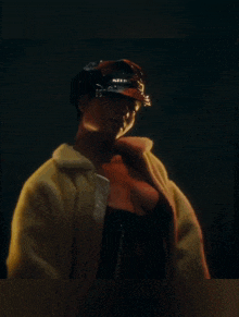 a woman wearing a yellow fur coat and a black bra