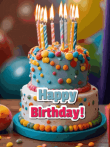 a birthday cake with lit candles and the words happy birthday on it