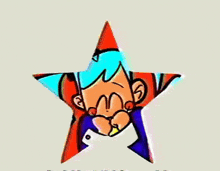 a cartoon character with blue hair and a yellow bow tie is standing next to a red star .