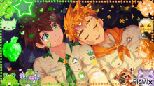 two boy scouts are laying next to each other and one has a badge that says nps
