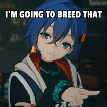 a blue haired anime girl is pointing at the camera with the words i 'm going to breed that behind her
