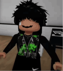 a roblox character wearing headphones and a black shirt with a green vest .