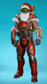 a soldier with a santa hat and beard is standing in front of a blue background