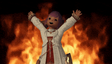 a little girl with purple hair is standing in front of a fire with her arms outstretched
