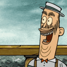 a cartoon man wearing a hat and suspenders is smiling with his mouth wide open