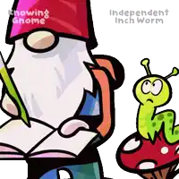 a cartoon gnome is reading a book next to an independent inch worm
