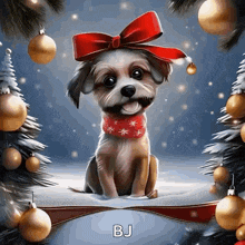 a dog wearing a santa hat and scarf is sitting in front of christmas trees
