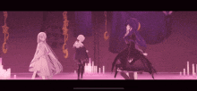 three anime girls are dancing in a room with purple walls