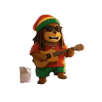 a cartoon bear is playing a guitar and wearing a rasta hat .