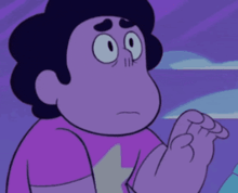 a close up of a cartoon character with a purple shirt and a purple background