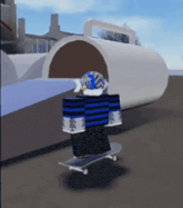 a cartoon character is riding a skateboard in front of a white tunnel