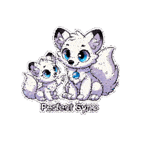a sticker of two white foxes with perfect sync written below them