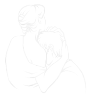 a drawing of a woman hugging a man with her hands on his head