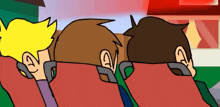 three cartoon characters are sitting next to each other on a plane