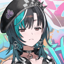a girl with a choker and a beret with spikes