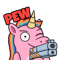 a pink unicorn is holding a gun and says pew