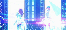 a bride and groom are dancing on a stage with a blue background
