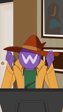 a purple cartoon character with a w on his head