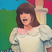 a cartoon drawing of a woman in a white dress with a pink collar