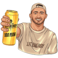 a man is holding up a can of lite energy drink