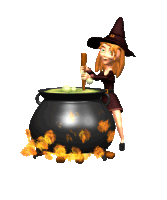 a cartoon of a witch stirring a cauldron with a wooden stick