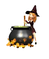 a cartoon of a witch stirring a cauldron with a wooden stick