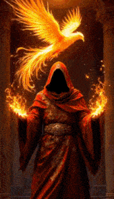 a man in a red robe is surrounded by flames and a phoenix is flying overhead