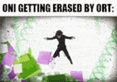 a man in a suit is getting erased by a purple and green cube .