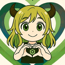 a cartoon girl with horns making a heart shape with her hands