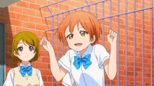 two anime girls are standing next to each other with their arms in the air