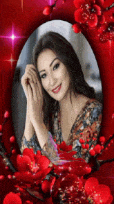 a picture of a woman in a frame with red flowers