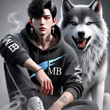 a man wearing a hoodie with the word mb on it sits next to a wolf