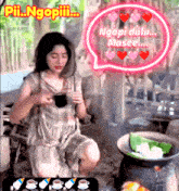 a woman drinking a cup of coffee with a speech bubble saying ngopi dulu masee