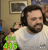a man with a beard wearing headphones with 4:30 4:16 and new subs 666