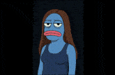 a cartoon of a woman standing on a beach with a sad face .