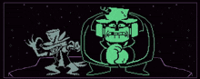 a pixel art of a wolf standing next to a monster