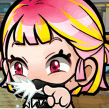 a cartoon girl with pink and yellow hair is holding a knife