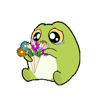 a green frog is holding a bouquet of flowers and crying