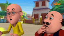 two cartoon characters are standing in front of a building with the nick logo on the bottom