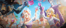 a group of people are standing in a cartoon scene holding glasses of liquid .