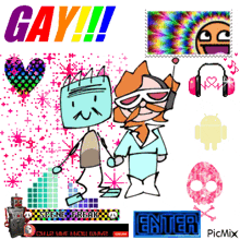a cartoon drawing of two robots holding hands with the words gay !!! in the background