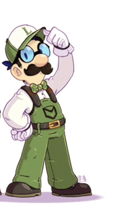 a cartoon character wearing green overalls and a hat with the letter m on it