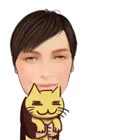 a cartoon drawing of a man holding a cat with the word meow above him
