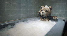 a teddy bear is sitting in a bathtub filled with bubbles
