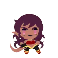 a cartoon drawing of a girl with purple hair and pink eyes