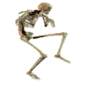 a skeleton is walking on a white background and looking down .
